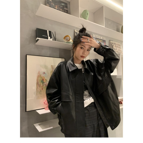 秋冬加絨港風復古休閒寬松廓形酷帥潮黑色拉鍊機車皮衣夾克外套女 秋冬加絨港風復古休閒寬松廓形酷帥潮黑色拉鍊機車皮衣夾克外套女