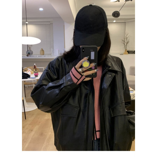 秋冬加絨港風復古休閒寬松廓形酷帥潮黑色拉鍊機車皮衣夾克外套女 秋冬加絨港風復古休閒寬松廓形酷帥潮黑色拉鍊機車皮衣夾克外套女