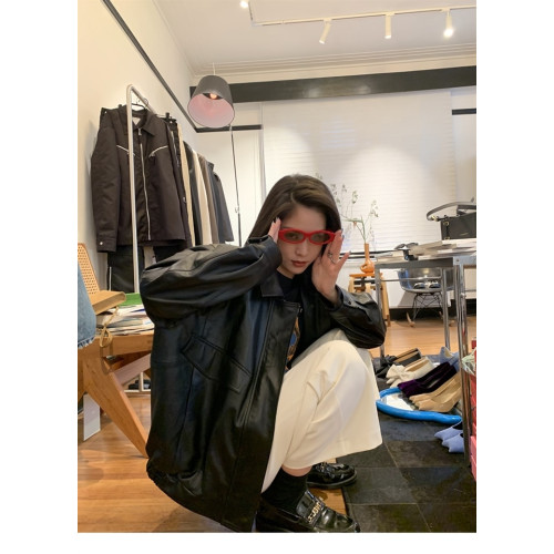 秋冬加絨港風復古休閒寬松廓形酷帥潮黑色拉鍊機車皮衣夾克外套女 秋冬加絨港風復古休閒寬松廓形酷帥潮黑色拉鍊機車皮衣夾克外套女