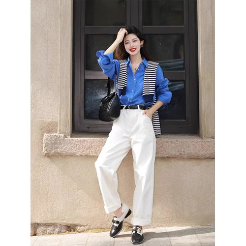 今年流行2025春秋裝新款獨特別致上衣顯瘦氣質襯衣克萊因藍襯衫女