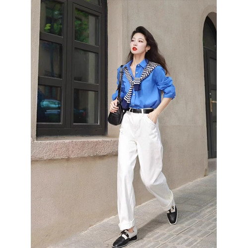 今年流行2025春秋裝新款獨特別致上衣顯瘦氣質襯衣克萊因藍襯衫女