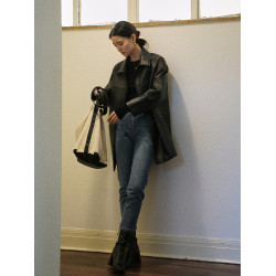 法式復古黑色拼接皮衣外套女2025春秋季新款寬松氣質中長款夾克女