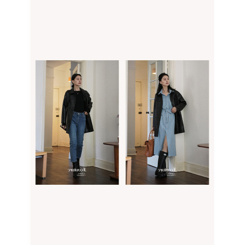 法式復古黑色拼接皮衣外套女2025春秋季新款寬松氣質中長款夾克女 法式復古黑色拼接皮衣外套女2025春秋季新款寬松氣質中長款夾克女