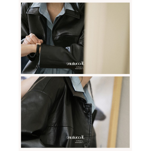 法式復古黑色拼接皮衣外套女2025春秋季新款寬松氣質中長款夾克女 法式復古黑色拼接皮衣外套女2025春秋季新款寬松氣質中長款夾克女