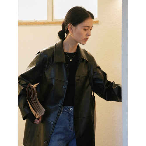 法式復古黑色拼接皮衣外套女2025春秋季新款寬松氣質中長款夾克女 法式復古黑色拼接皮衣外套女2025春秋季新款寬松氣質中長款夾克女