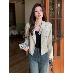 米杏色甜酷帥氣短款機車服皮衣外套女2025秋季新款小個子立領夾克