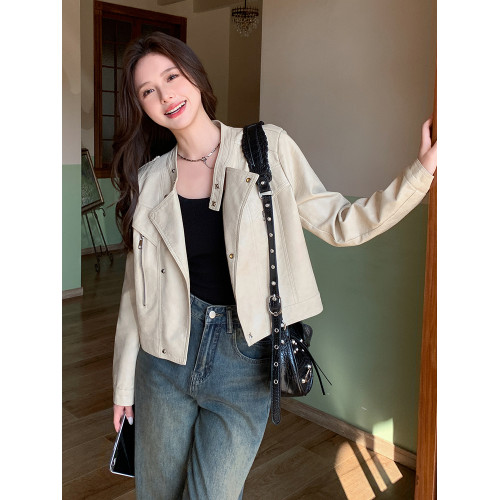 米杏色甜酷帥氣短款機車服皮衣外套女2025秋季新款小個子立領夾克 米杏色甜酷帥氣短款機車服皮衣外套女2025秋季新款小個子立領夾克
