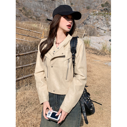 米杏色甜酷帥氣短款機車服皮衣外套女2025秋季新款小個子立領夾克 米杏色甜酷帥氣短款機車服皮衣外套女2025秋季新款小個子立領夾克