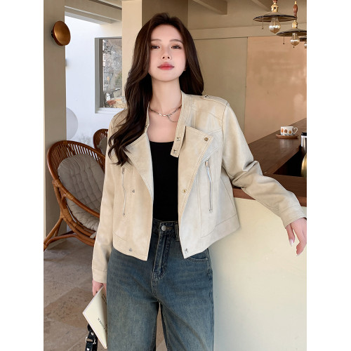 米杏色甜酷帥氣短款機車服皮衣外套女2025秋季新款小個子立領夾克 米杏色甜酷帥氣短款機車服皮衣外套女2025秋季新款小個子立領夾克