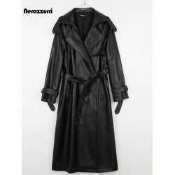 nerazzurri白色pu皮衣外套女腰帶寬松黑色休閒皮風衣長款春季新款