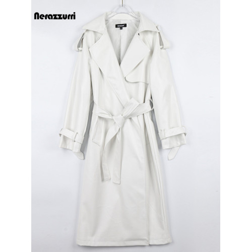 nerazzurri白色pu皮衣外套女腰帶寬松黑色休閒皮風衣長款春季新款 nerazzurri白色pu皮衣外套女腰帶寬松黑色休閒皮風衣長款春季新款