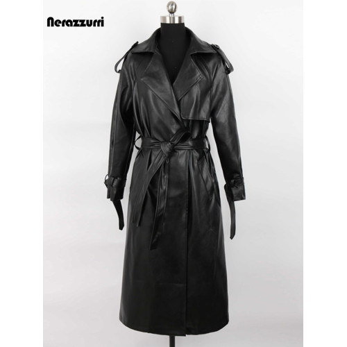 nerazzurri白色pu皮衣外套女腰帶寬松黑色休閒皮風衣長款春季新款 nerazzurri白色pu皮衣外套女腰帶寬松黑色休閒皮風衣長款春季新款