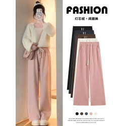 粉色濶腿褲女秋季季2025新款高腰垂感寬松休閒直筒燈芯絨加絨褲子