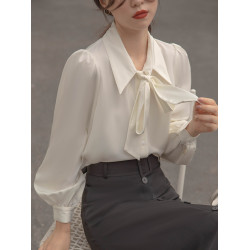 燈籠袖秋冬蝴蝶結襯衫白色通勤襯衣女法式飄帶設計感職業內搭上衣