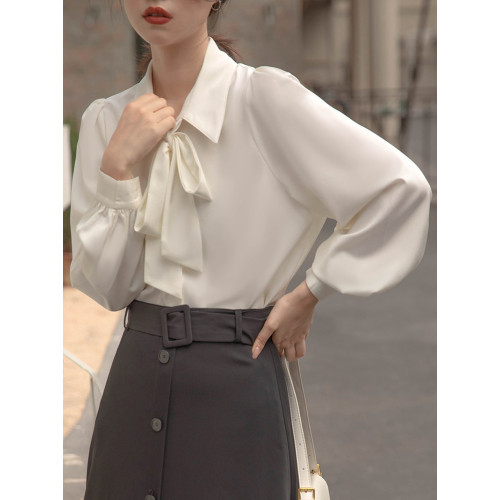 燈籠袖秋冬蝴蝶結襯衫白色通勤襯衣女法式飄帶設計感職業內搭上衣