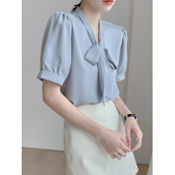 藍色蝴蝶結襯衫女設計感小衆職業氣質襯衣雪紡上衣系帶春秋長袖