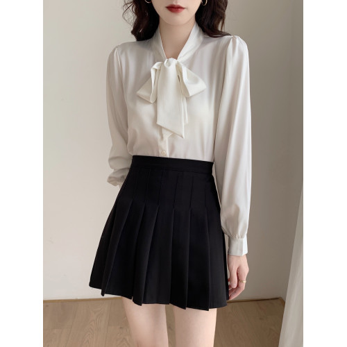 藍色蝴蝶結襯衫女設計感小衆職業氣質襯衣雪紡上衣系帶春秋長袖