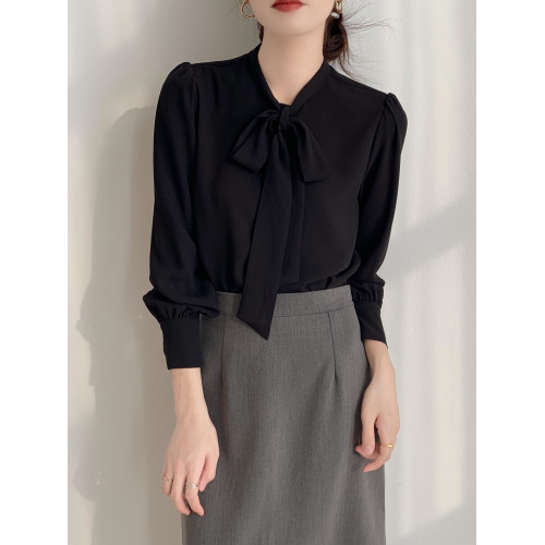 藍色蝴蝶結襯衫女設計感小衆職業氣質襯衣雪紡上衣系帶春秋長袖