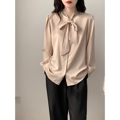 藍色蝴蝶結襯衫女設計感小衆職業氣質襯衣雪紡上衣系帶春秋長袖