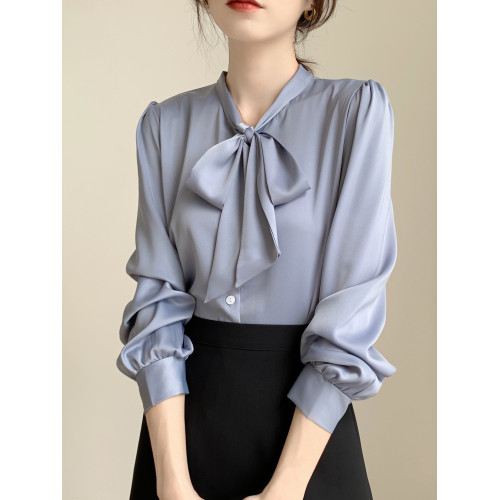 藍色蝴蝶結襯衫女設計感小衆職業氣質襯衣雪紡上衣系帶春秋長袖