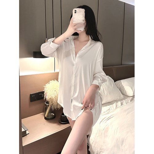 2025新款睡衣女白色冰絲襯衣男友風白襯衫睡裙性感上衣女款白襯衣