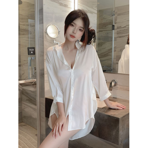 2025新款睡衣女白色冰絲襯衣男友風白襯衫睡裙性感上衣女款白襯衣