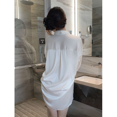 2025新款睡衣女白色冰絲襯衣男友風白襯衫睡裙性感上衣女款白襯衣