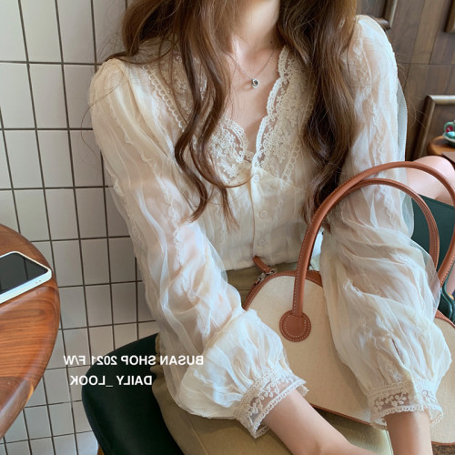 2025春秋新款小衫v領蕾絲打底衫女內搭小個子襯衫洋氣雪紡衫上衣