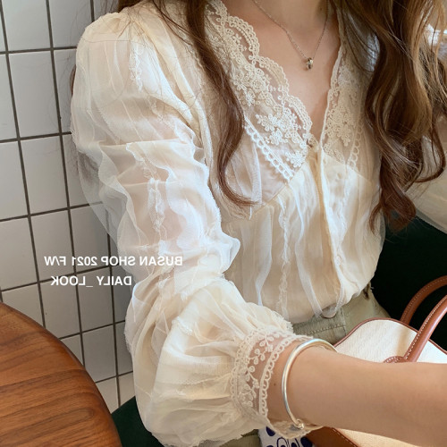 2025春秋新款小衫v領蕾絲打底衫女內搭小個子襯衫洋氣雪紡衫上衣