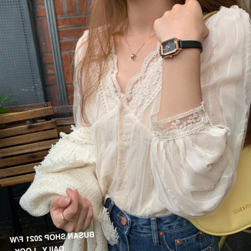 2025春秋新款小衫v領蕾絲打底衫女內搭小個子襯衫洋氣雪紡衫上衣