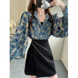 2024秋季新款時尚設計感小衆碎花上衣氣質雪紡襯衣顯瘦燈籠袖襯衫