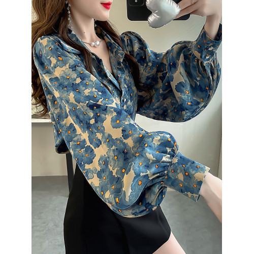 2024秋季新款時尚設計感小衆碎花上衣氣質雪紡襯衣顯瘦燈籠袖襯衫