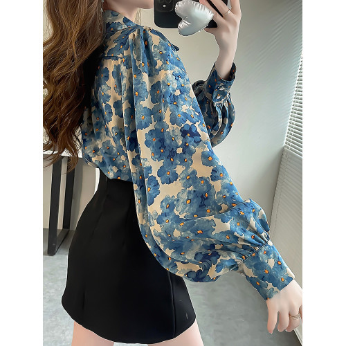 2024秋季新款時尚設計感小衆碎花上衣氣質雪紡襯衣顯瘦燈籠袖襯衫