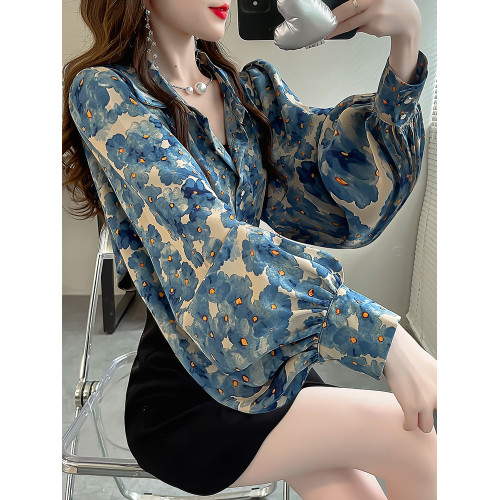 2024秋季新款時尚設計感小衆碎花上衣氣質雪紡襯衣顯瘦燈籠袖襯衫