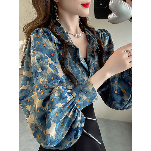 2024秋季新款時尚設計感小衆碎花上衣氣質雪紡襯衣顯瘦燈籠袖襯衫