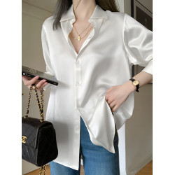 2025早秋小衫白色襯衫女高級感輕奢緞面襯衣小個子寬松上衣設計感