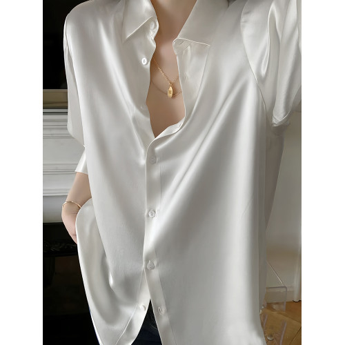 2025早秋小衫白色襯衫女高級感輕奢緞面襯衣小個子寬松上衣設計感
