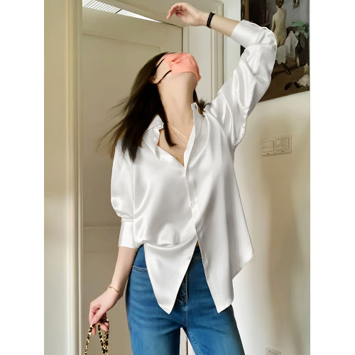 2025早秋小衫白色襯衫女高級感輕奢緞面襯衣小個子寬松上衣設計感