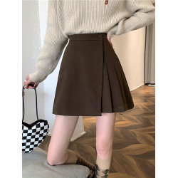 大碼咖色毛呢半身裙女春秋不規則短裙遮肚包臀裙高腰A字裙百褶裙