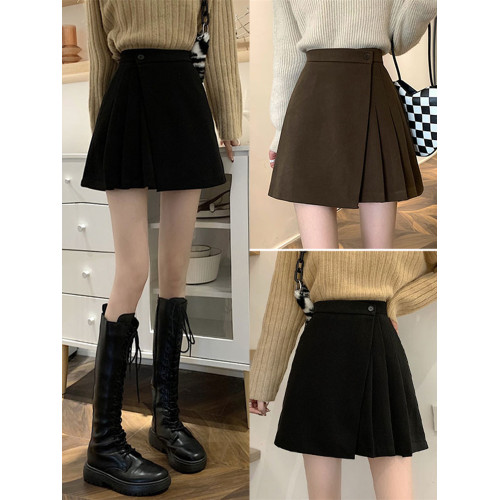 大碼咖色毛呢半身裙女春秋不規則短裙遮肚包臀裙高腰A字裙百褶裙