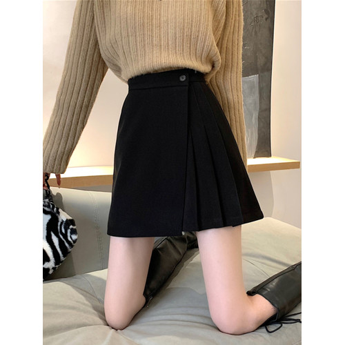 大碼咖色毛呢半身裙女春秋不規則短裙遮肚包臀裙高腰A字裙百褶裙