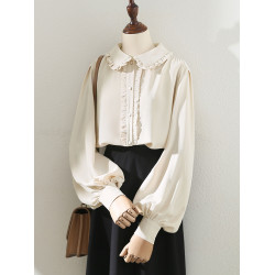 氣質杏色木耳邊娃娃領襯衫女2025春秋款寬松設計感燈籠袖別致上衣