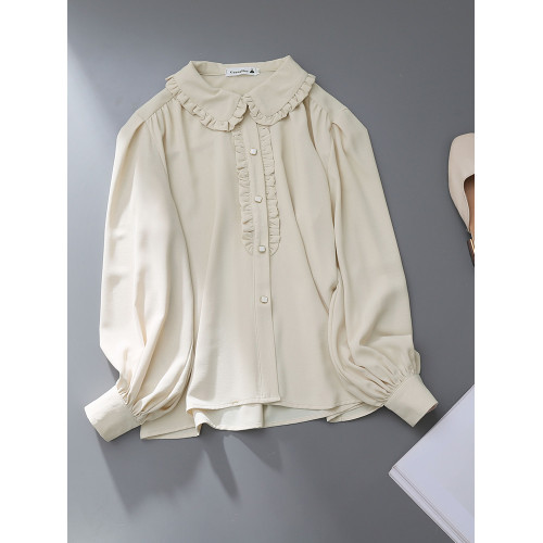 氣質杏色木耳邊娃娃領襯衫女2025春秋款寬松設計感燈籠袖別致上衣