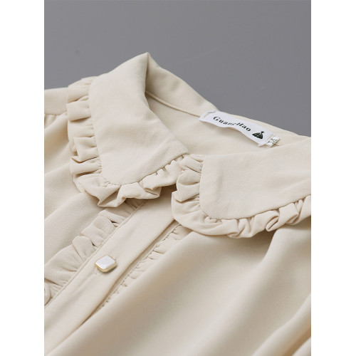 氣質杏色木耳邊娃娃領襯衫女2025春秋款寬松設計感燈籠袖別致上衣