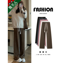 咖色窄版濶腿褲女秋冬季加絨加厚垂感直筒寬松慵懶休閒燈芯絨褲子