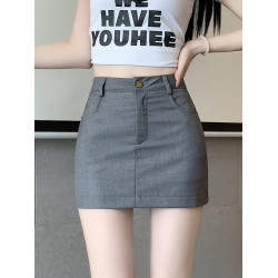 灰色西裝半身裙女夏季2025新款小個子高腰休閒防走光a字包臀短裙
