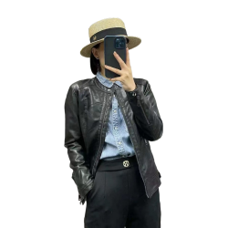 春秋新款圓領皮衣外套女氣質柔軟長袖修身顯瘦水洗皮設計感外搭潮