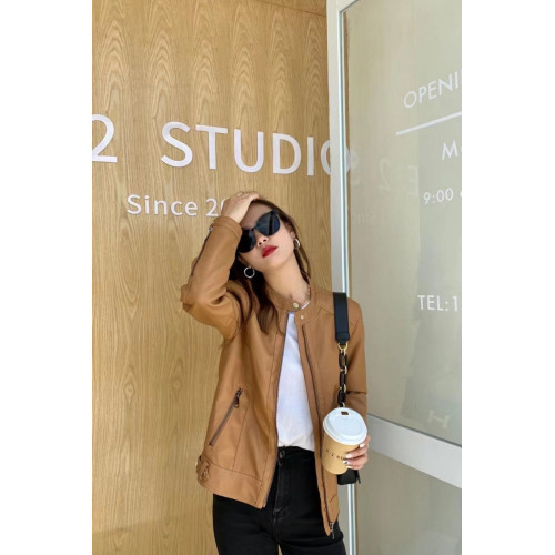 春秋新款圓領皮衣外套女氣質柔軟長袖修身顯瘦水洗皮設計感外搭潮 春秋新款圓領皮衣外套女氣質柔軟長袖修身顯瘦水洗皮設計感外搭潮