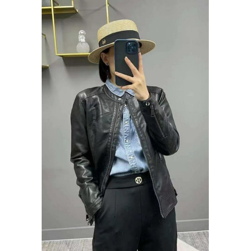 春秋新款圓領皮衣外套女氣質柔軟長袖修身顯瘦水洗皮設計感外搭潮 春秋新款圓領皮衣外套女氣質柔軟長袖修身顯瘦水洗皮設計感外搭潮