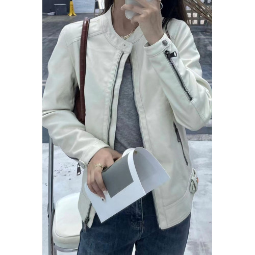 春秋新款圓領皮衣外套女氣質柔軟長袖修身顯瘦水洗皮設計感外搭潮 春秋新款圓領皮衣外套女氣質柔軟長袖修身顯瘦水洗皮設計感外搭潮